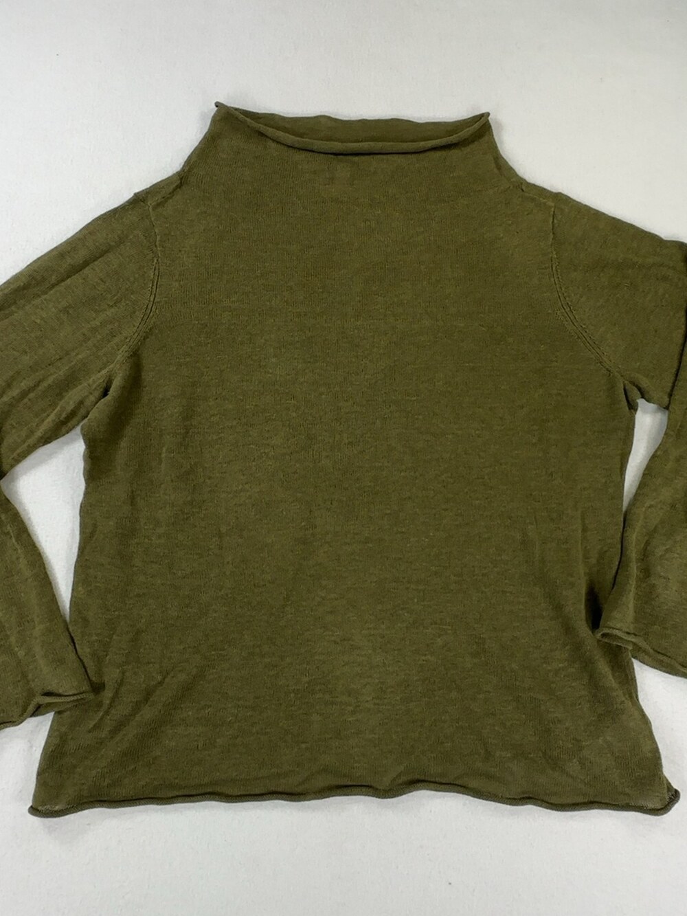 Eileen Fisher Mock Neck Long Sleeve Top Organic Linen Olive Green Size Medium